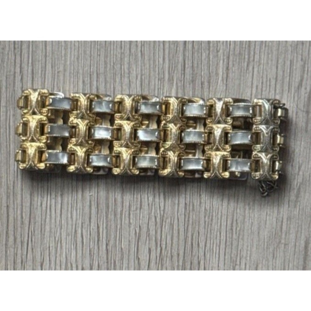 Vintage 1960's Mallorca Damascene Enamel & MOP 3 Row Link Bracelet 7" Long